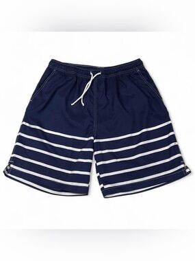 NWOT Peter Millar Navy Striped Swim Trunks Men’s Size L L8 Lined Logo Beach